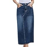 Allegra K Denim Skirt for Women Midi Length Elastic Waist Split Back Long Jean Skirts