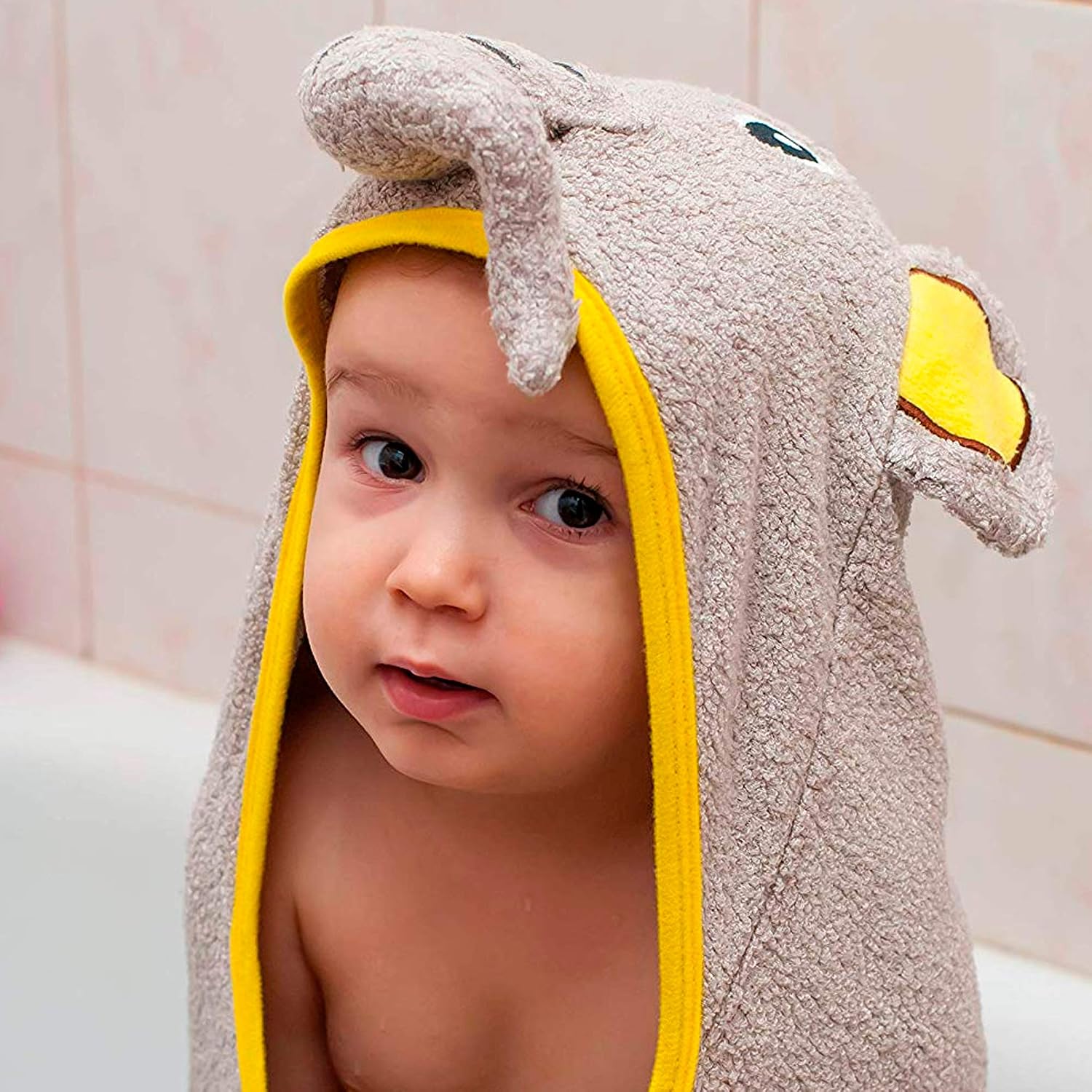 Hooded Baby Towel - Ultra Soft Large Bath Towels - Bamboo, Hypoallergenic, Highly Absorbent for Infants, Newborn & Toddlers - Perfect Baby Gift with Washcloth & Laundry Bag - Happy Elephant - Image 4