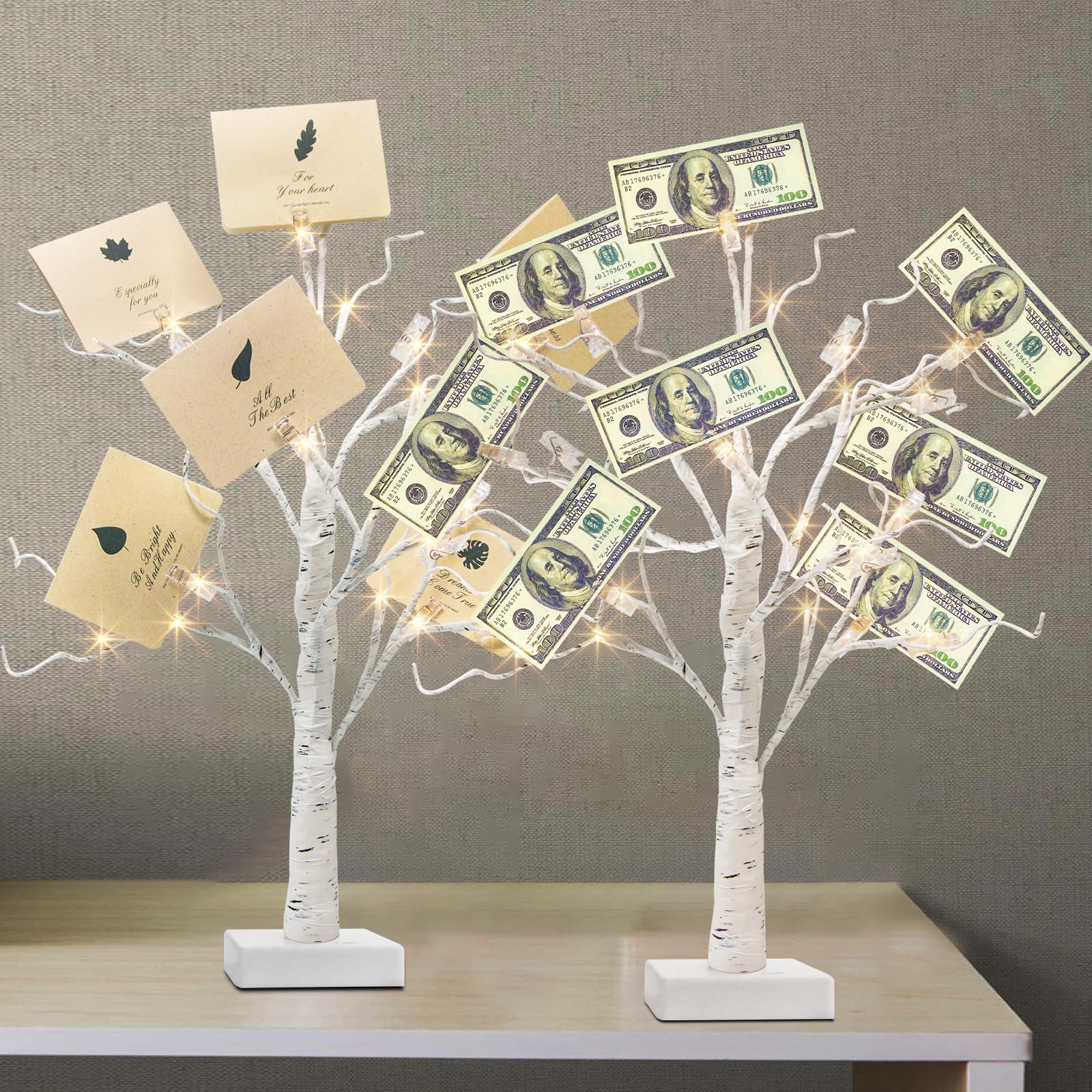 Photo 1 of PEIDUO Set of 2 Money Trees, Lighted 22Inch 24LT White Birth Tree with Clips and Greeting Cards, Gift Card Holder for Birthday,Christmas, Wedding, Father's Day Graduation Gifts, Money Tree Gift Holder