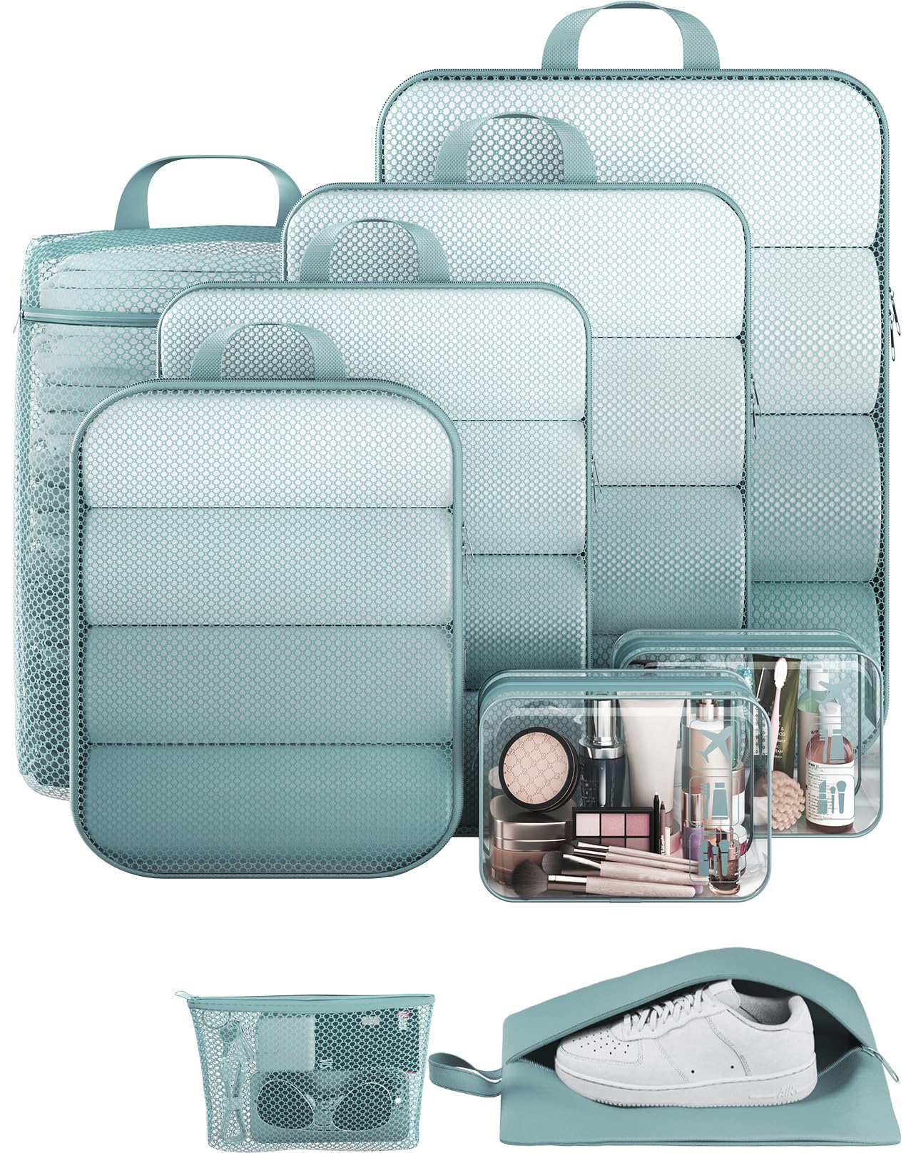 Veken 9/11 Set Compression Packing Cubes for Travel Essentials,Compressible Expandable Large Luggage Suitcase Organizer Bags for Clothing,Durable Space Saver Storage Bags with Toiletry Bags(Blue Gray) Image