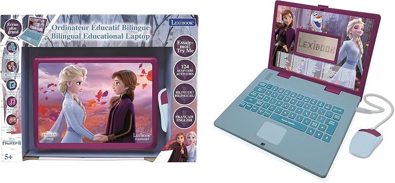 Disney Frozen 2 - Portátil educativo e bilingue francês/inglês - Brinquedo para raparigas com 124 atividades de aprendizagem, jogos e música com a Elsa e a Anna - Azul/Roxo, JC598FZi1