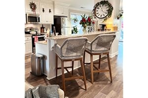 PURPLE LEAF Patio Sunbrella Bar Height Stools 28" H Set of 2 Boho Rattan Aluminum Tall Bar Chairs with High Back Arms for Outside Island Kitchen Backyard Outdoor Wicker Barstools Deep Teak