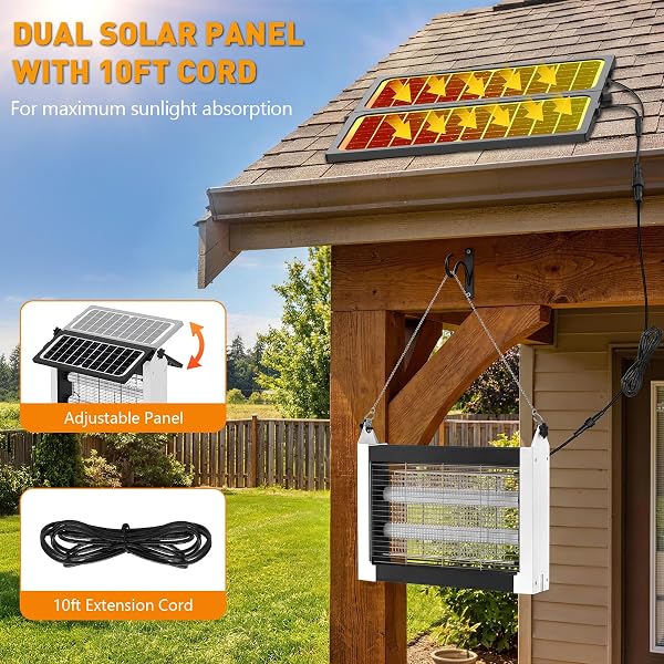 SOLAR BUG ZAPPER OUTDOOR, 4500V SOLAR MOSQUITO ZAPPER WITH DUAL SOLAR PANELS, 1/2 ACRE COVERAGE CORDLESS RECHARGEABLE ELECTRIC FLY ZAPPER, IPX5 WATERPROOF MOSQUITO TRAPS FOR BACKYARD, PATIO, CAMPING