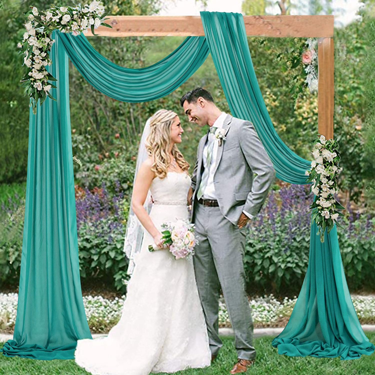 Photo 1 of FUHSY Wedding Arch Draping Fabric Teal Green Wedding Arch Drapes 6 Yards 2Panels Chiffon Drape Tulle Backdrop Curtain Wedding Arch Backdrop for Ceremony Reception Ceiling Drapes Sheer Archway