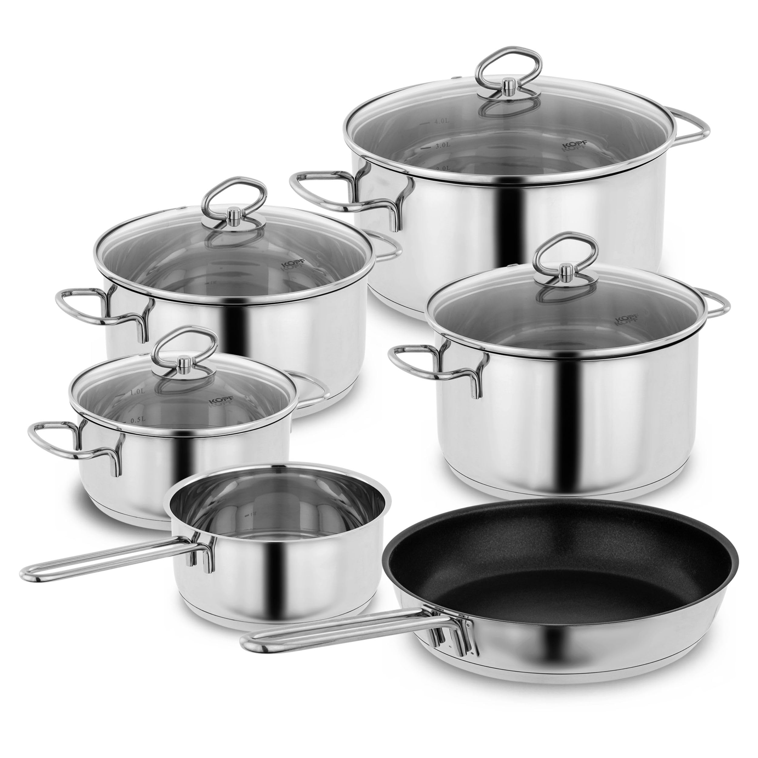 KOPF Merkur Cookware Set with Pan, Stainless Steel, 6-Piece + 4 Glass Lids