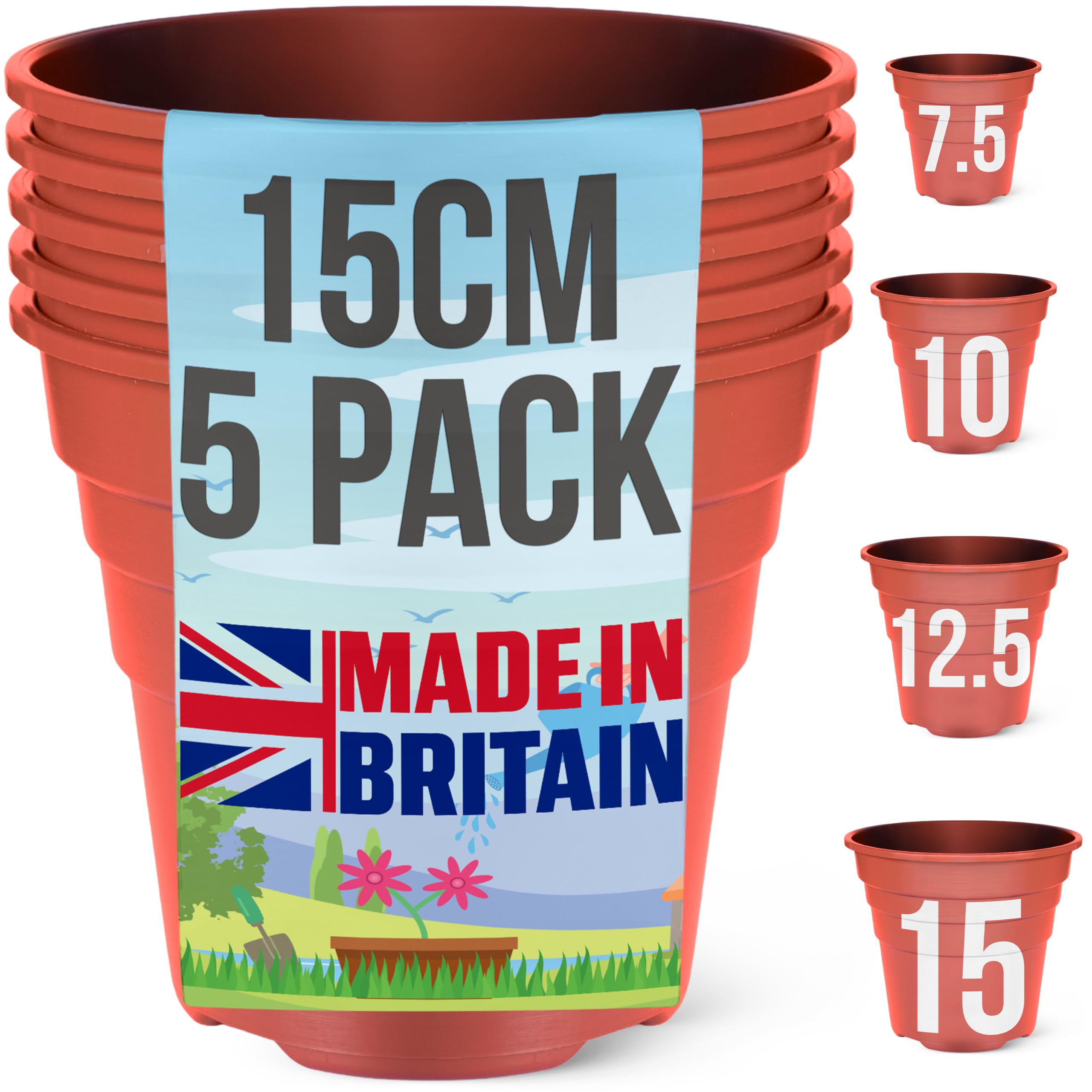 Happy Pots Plastic Plant Pot 15cm – Nursery Pot – 5 Pack – Made in UK – Recyclable – With Drainage Holes – BPA Free Terracotta