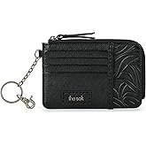 The Sak Iris Wallet in Leather, Elevated Card Holder with Keychain, Black Leaf Embossed II