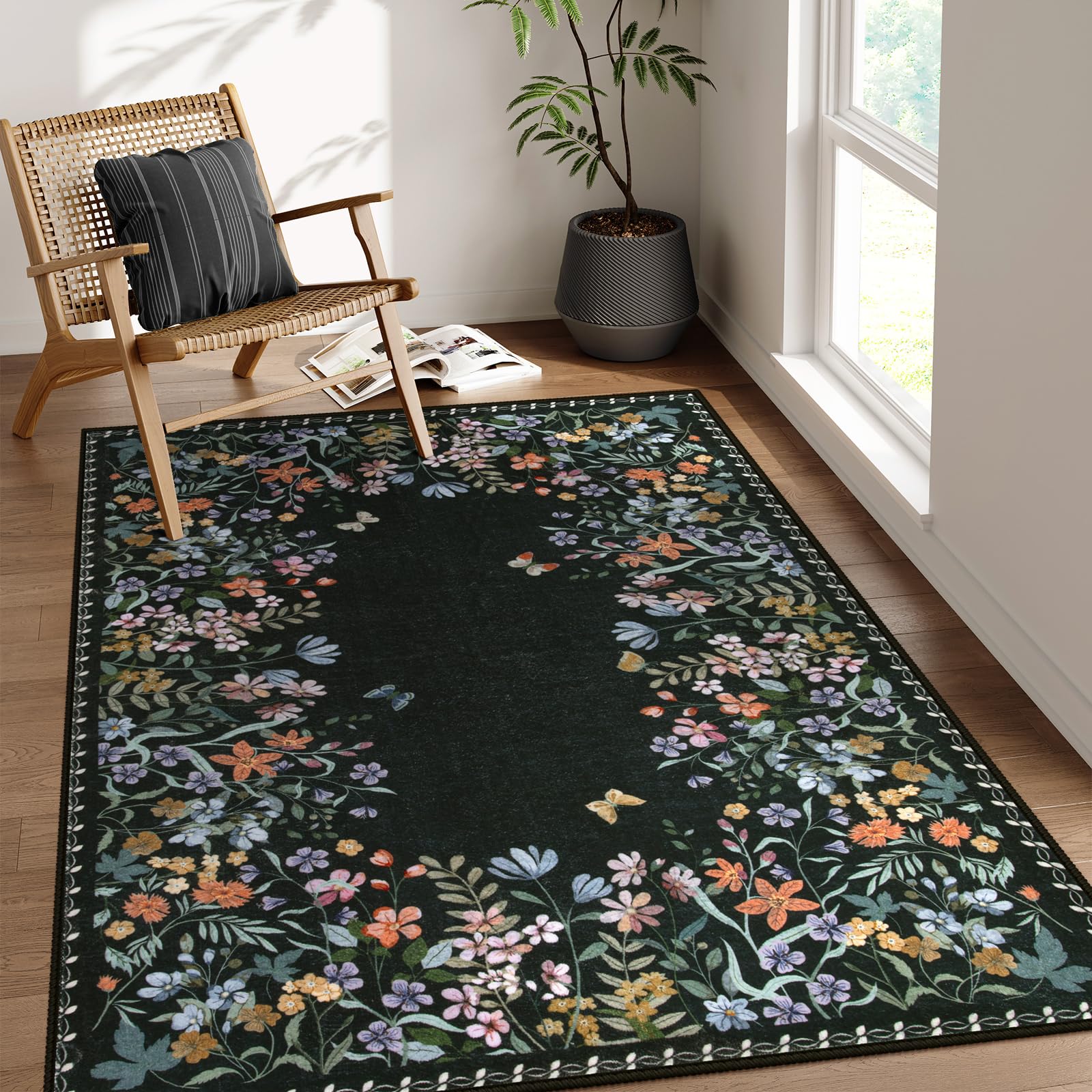 Photo 1 of Wonnitar Washable 4x6 Rug, Black Floral Print Area Rugs for Living Room, Non-Slip Soft Rug for Bedroom, Vintage Low Pile Dining Room, Botanical Carpet for Bedside Mud Room (Black,4'x6')