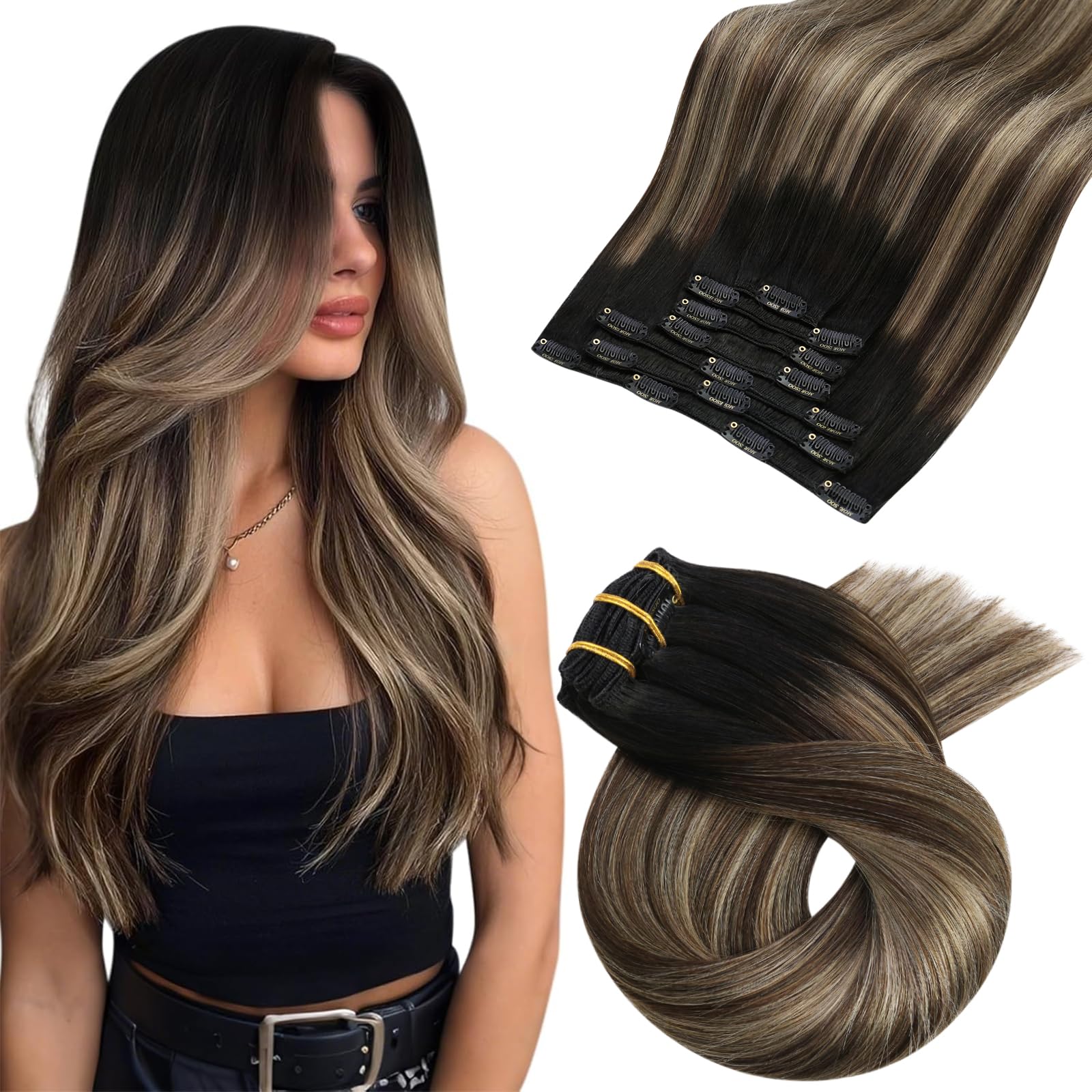 Moresoo Clip in Hair Extensions Remy Human Hair Roots Off Black Ombre Dark Brown with Golden Blonde Real Human Hair Extensions Clip in Long 24 Inch Full Head for Women 7pcs/120g #1B/4/14 — image 1