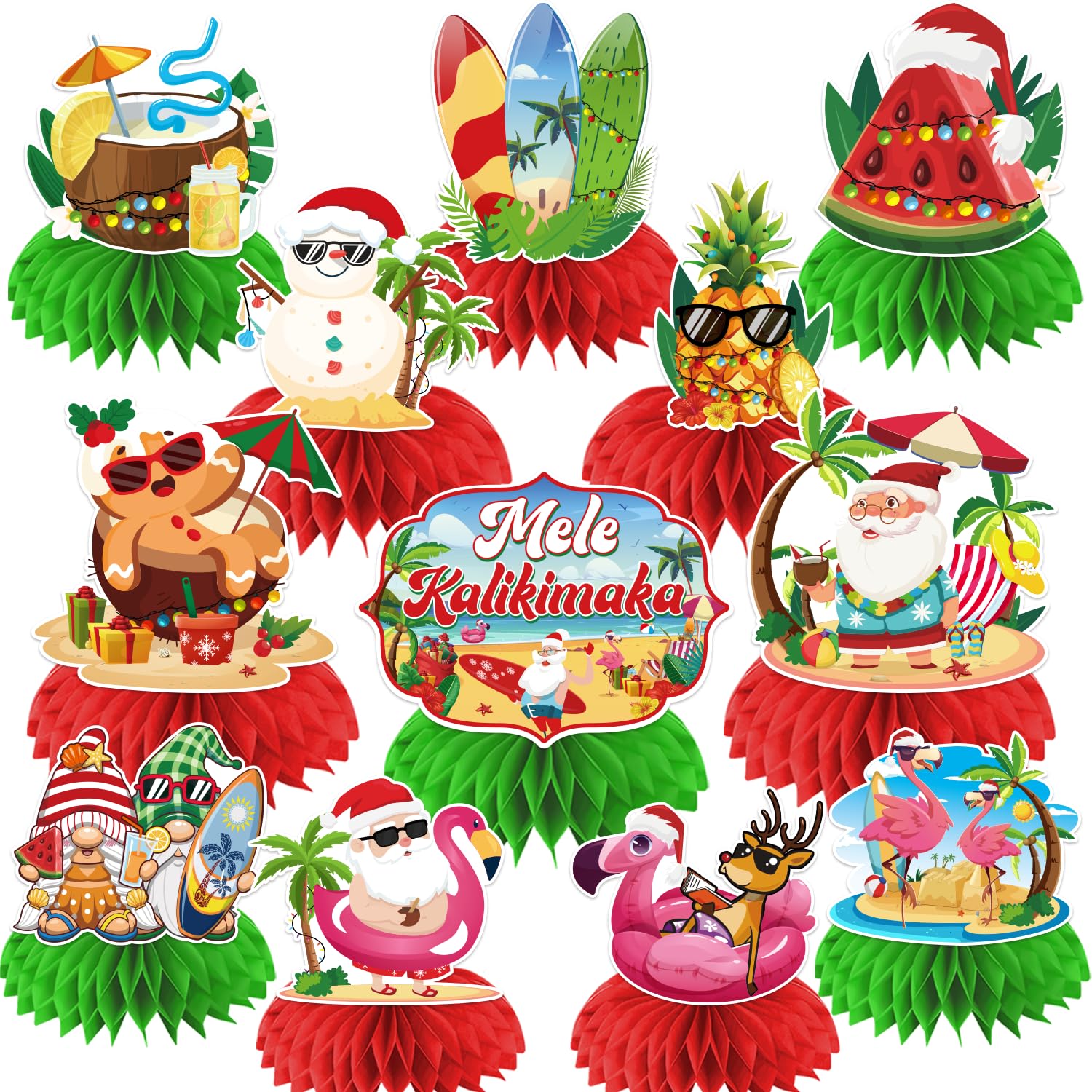 Photo 1 of 12 Pcs Hawaiian Christmas Decorations Honeycomb Centerpieces, Hawaiian Christmas Party Table Decorations, Tropical Christmas Decorations Centerpieces, Mele Kalikimaka Christmas Decorations for Table