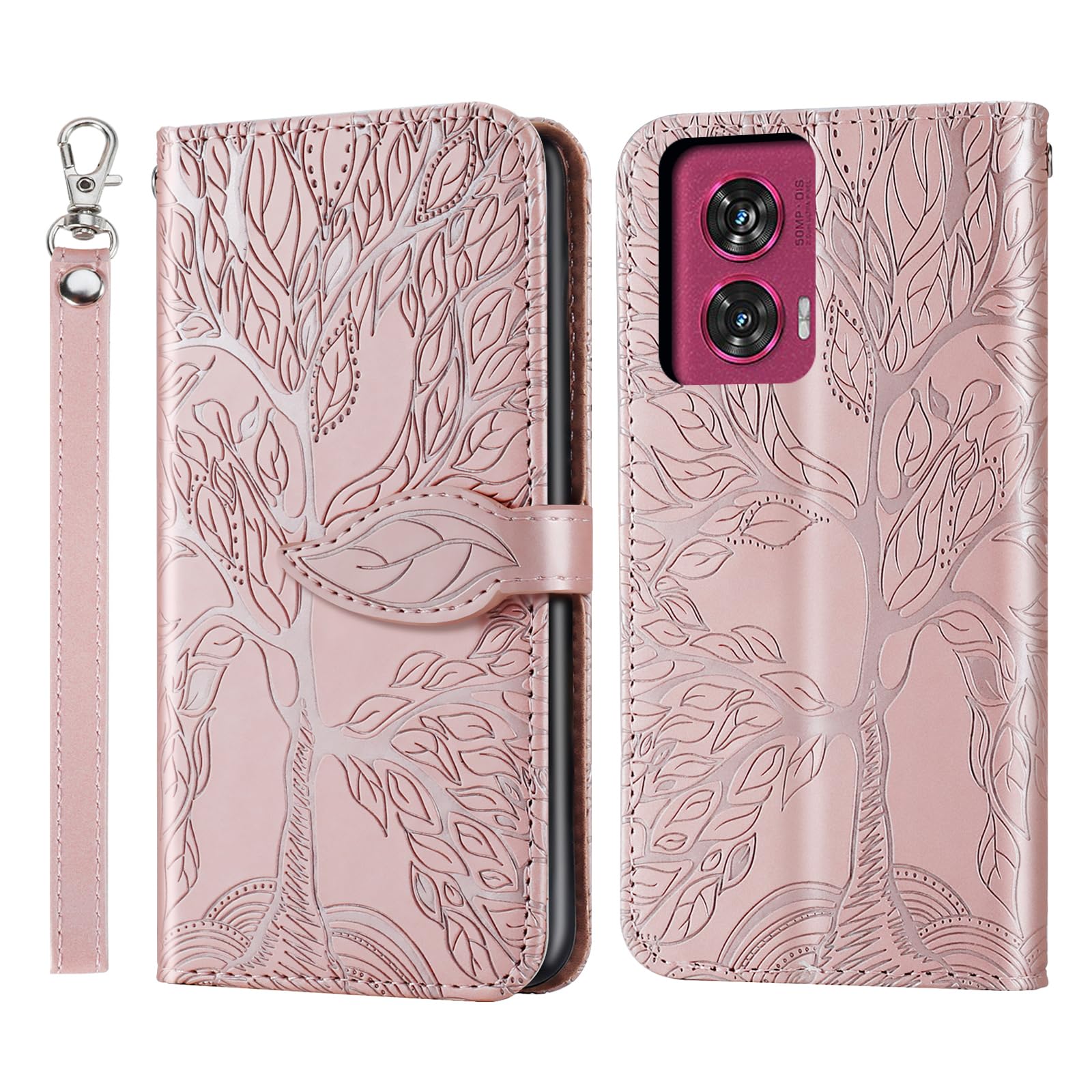 Rostsant Rose Gold Tree PU Leather TPU Silicone Motorola Edge 50 Fusion Flip Case Wallet Case Cover with Stand Function and Card Slot