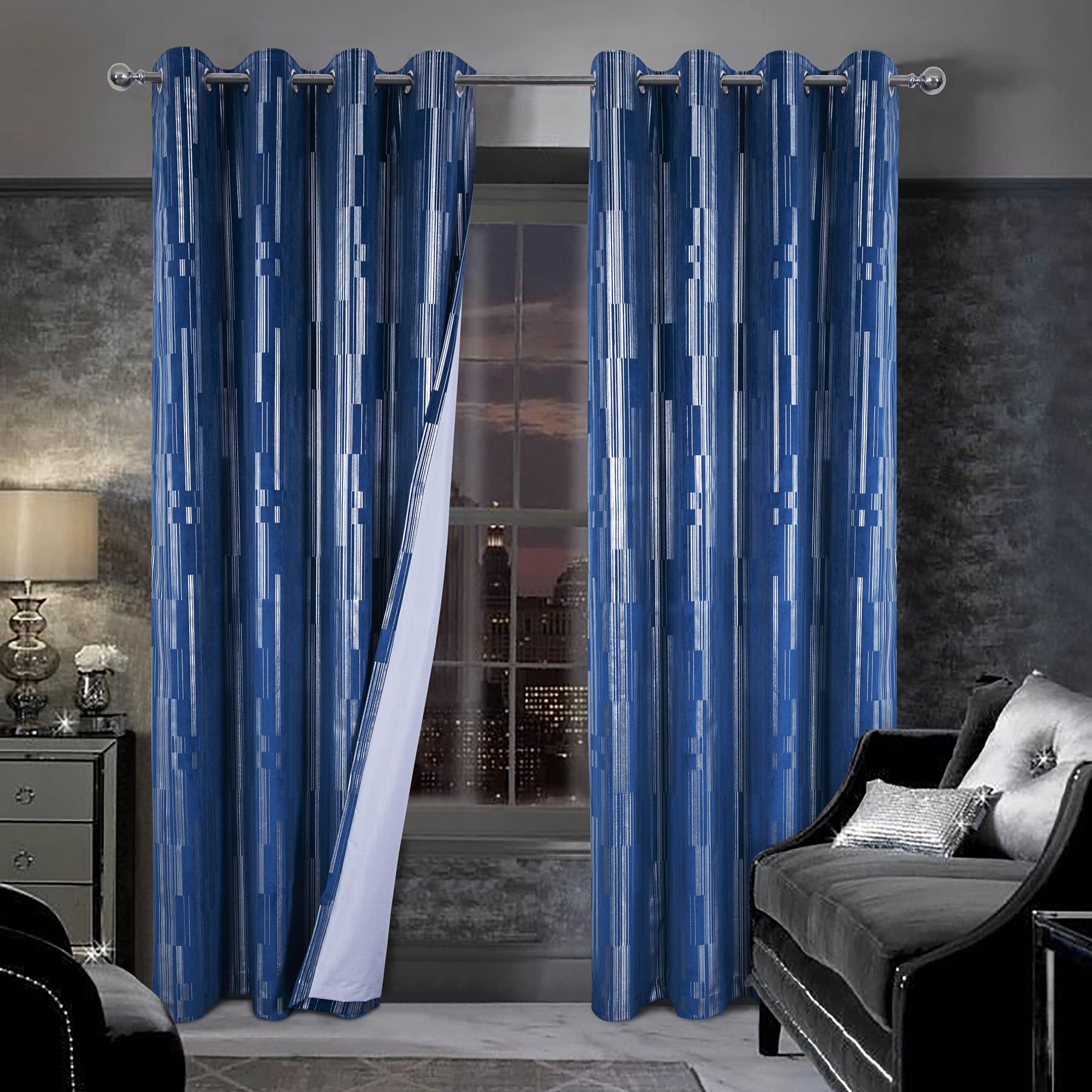 always4u 100% Blackout Curtains Eyelet for Bedroom Soft Velvet Curtain Stripe Foil Printed Shining Luxury Window Drapes for Living Room 1 Pair Navy Blue 90 * 90