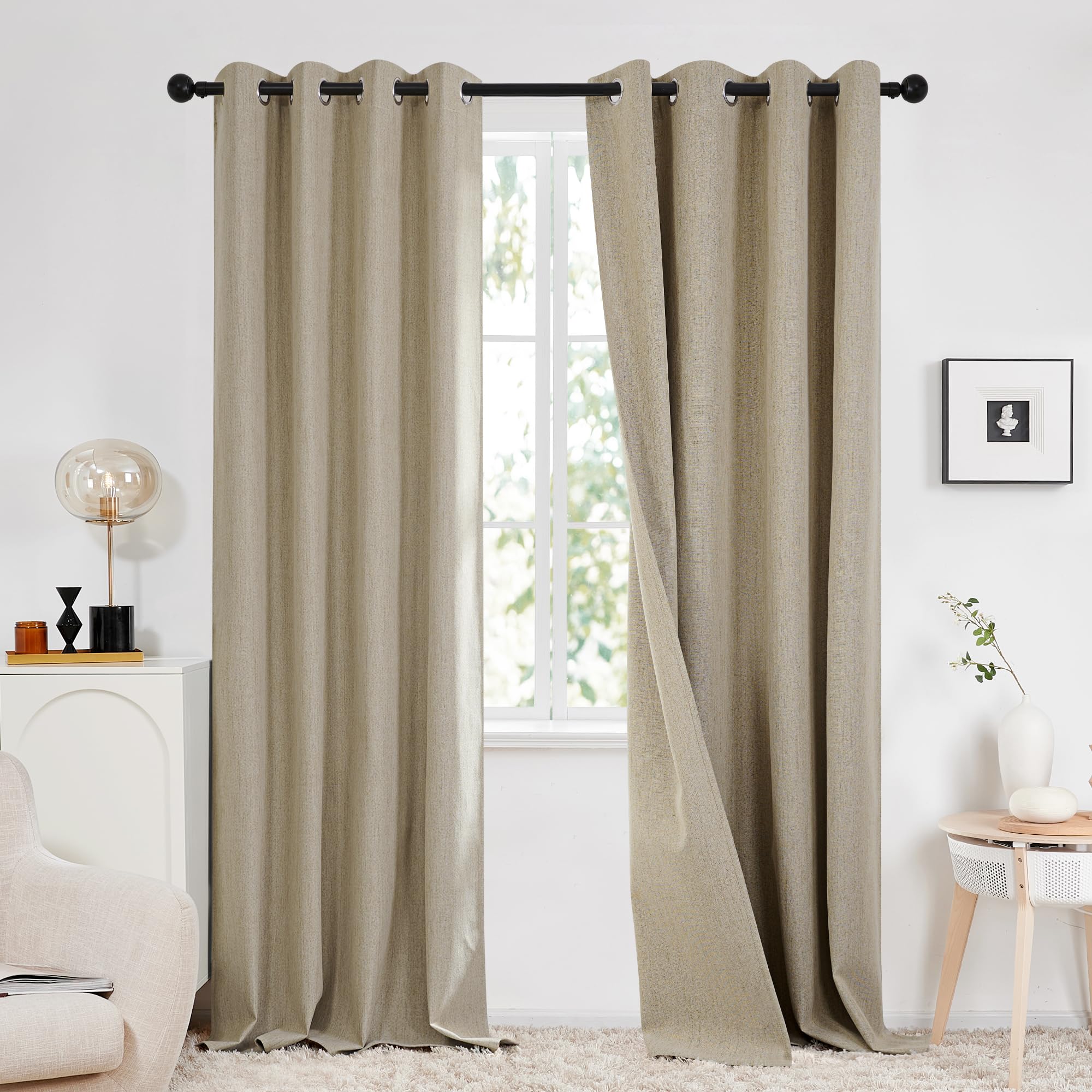 Deconovo 100% Blackout Faux Linen Curtains, Double-Sided, Thermal Insulated, Noise-Reducing, Eyelet Curtains for Bedroom & Living Room - 2 Panels (Taupe 66"x90")