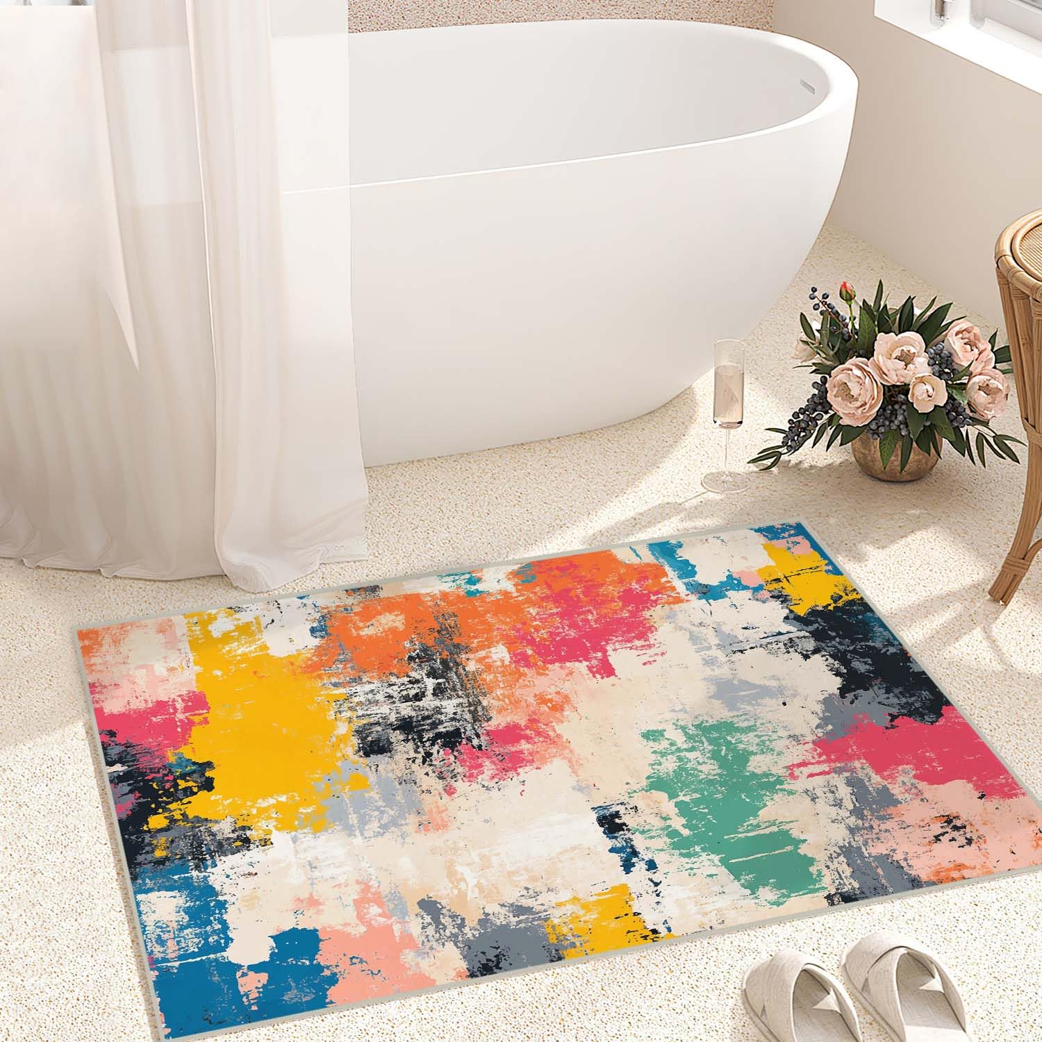 Photo 1 of 2x3 Abstract Entryway Rug Modern Colorful Area Rug Non Slip Thin Low Pile Washable Machine Indoor Door Mat Entrance Bathroom Small Carpet