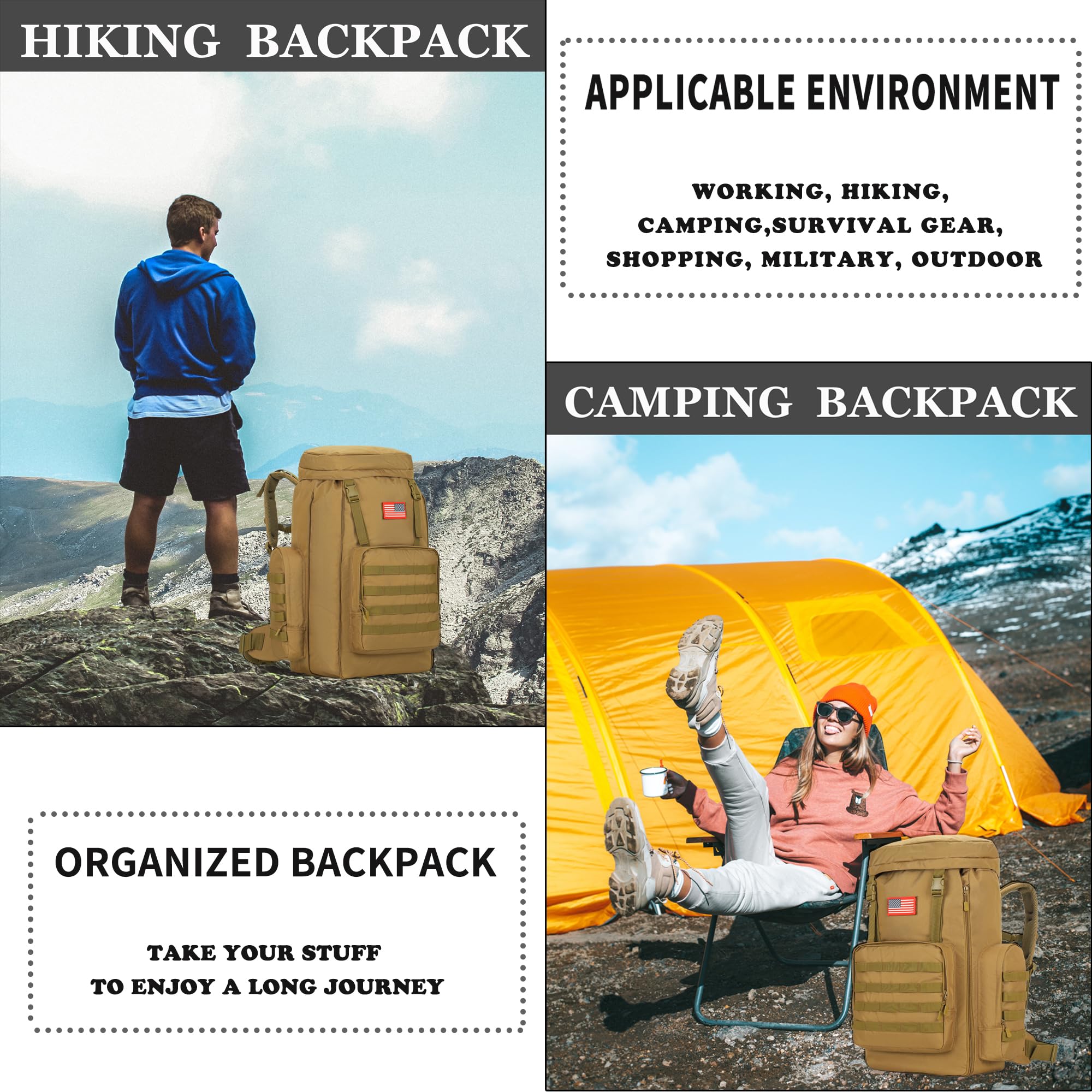 4land Big Camping Backpack for Men, Extra Large Hiking Backpack for Travel, 60L70L85L Oversized Waterproof Military Rucksack
