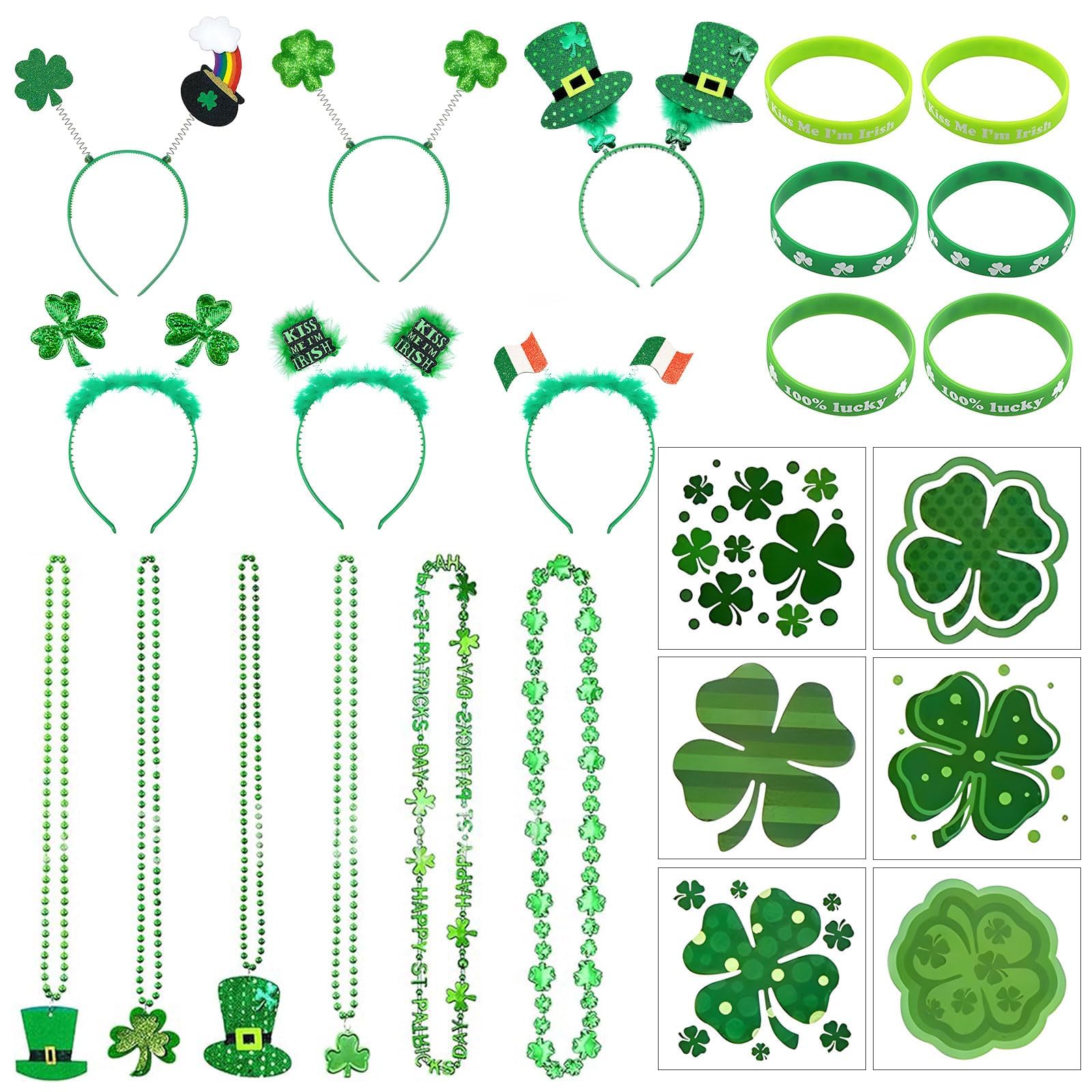 90 Pcs St Patricks Day Accessories Set, Shamrock Leprechaun Headband, Clover Wristbands, Green Beaded Necklaces, Shamrock Temporary Tattoos, St Patricks Day Parade Fancy Dress, Party Photo Props