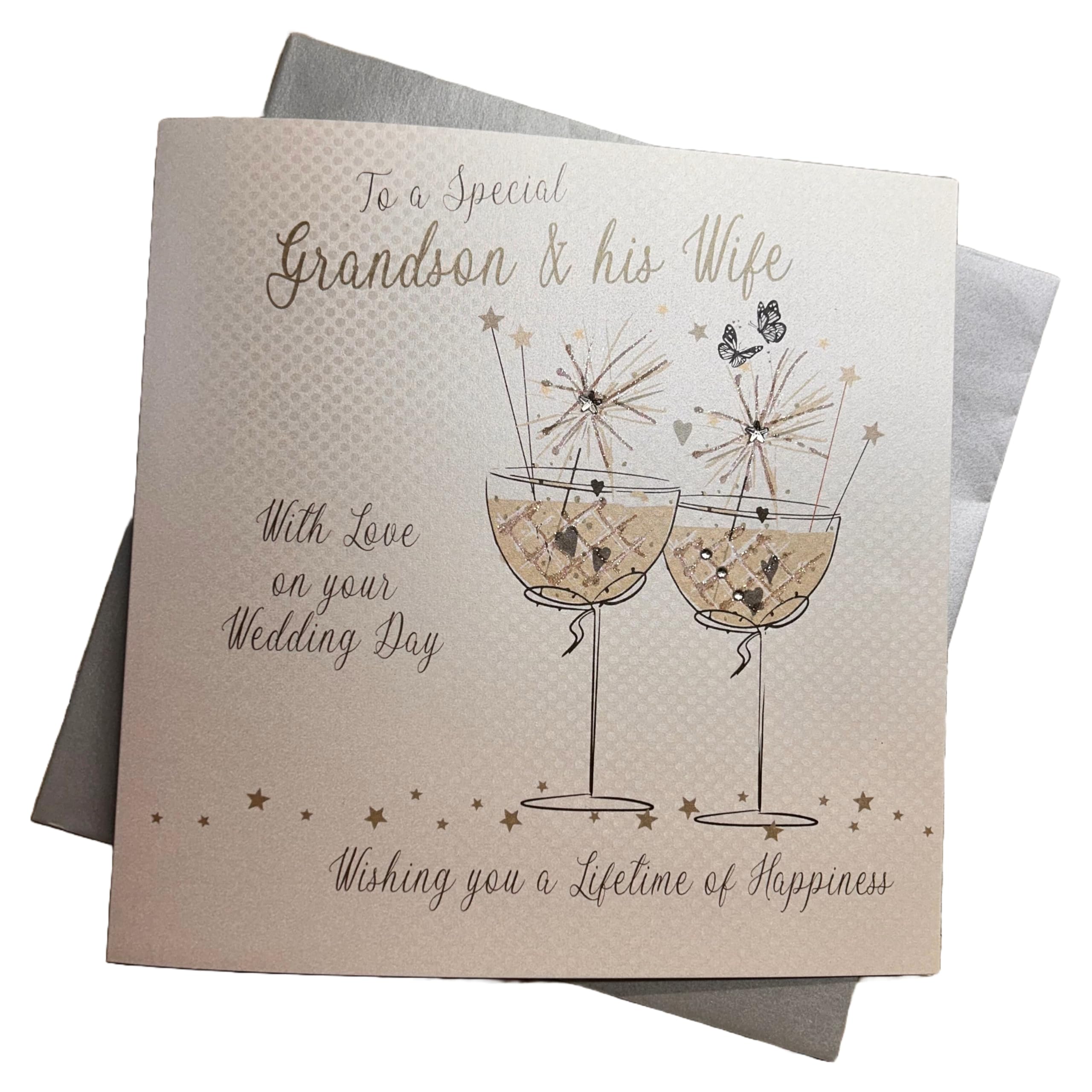 white cotton cards Large Champagne Flutes To a Special Grandson & His Wife On Your Wedding Day Handmade Wedding Card, XBD83