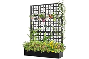 FENCY Metal Raised Garden Bed with Trellis, Metal Planter Box with Trellis, Garden Box for Climbing Plants Vegetable, 47''Lx16''Wx71''H Metal Garden Bed with Drainage Holes(Black)