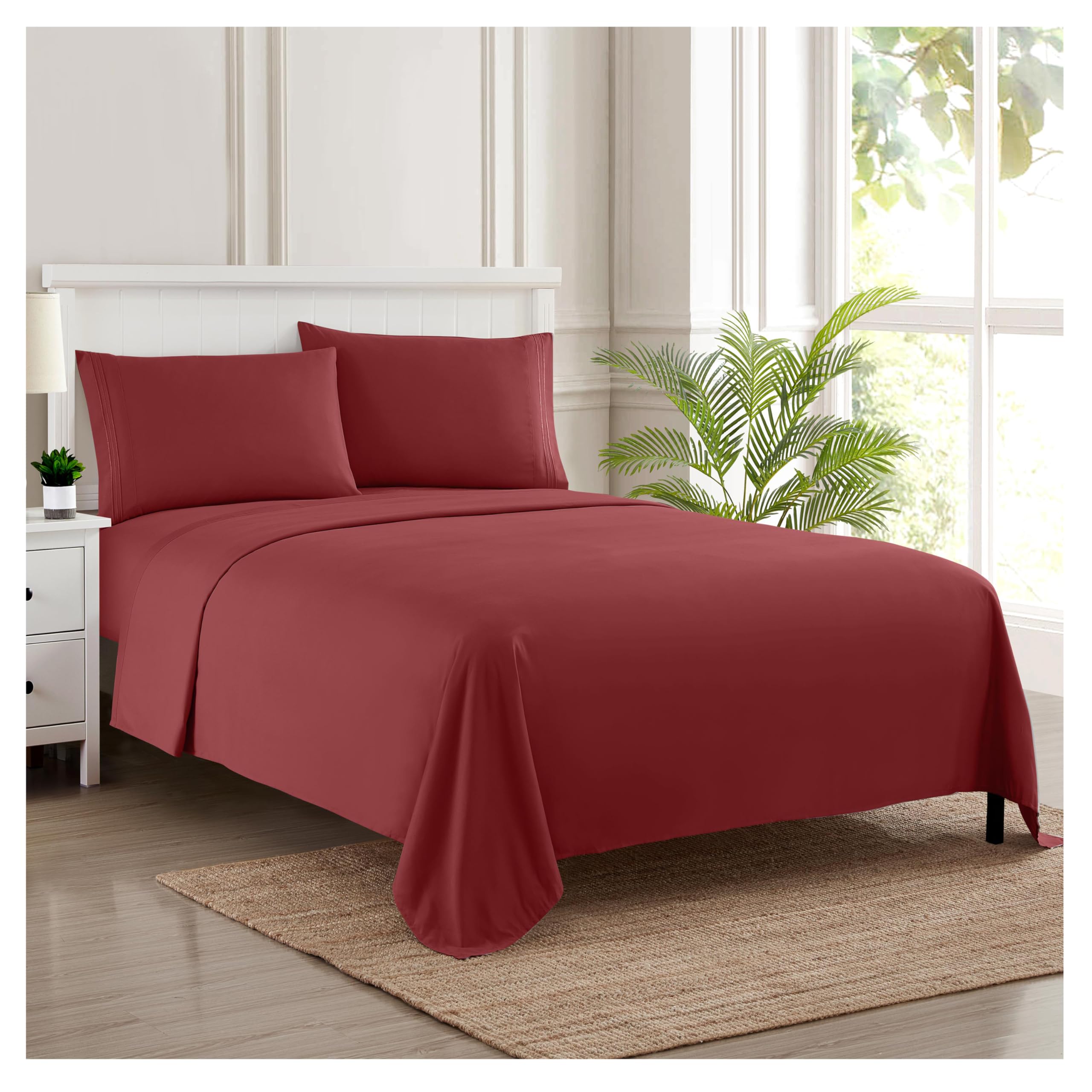 Sweet Home Collection Luxury Bedding Set with Flat, Fitted Sheet, 2 Pillow Cases, Microfiber, Burgundy, Twin