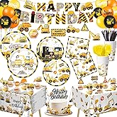 Construction Birthday Party Supplies Includes Plates, Napkins, Cups, Cutlery, Cake & Cupcake Toppers, Banner, Hanging Swirls, Tablecloth, Balloons for Construction Party Decorations, Serve 20