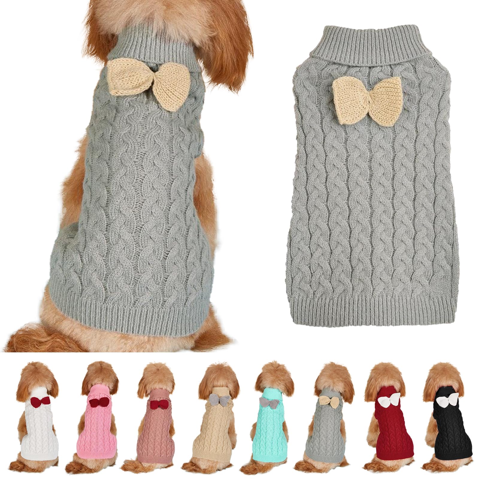 Turtleneck Sweater Bow Knitting Dog Jumper - Warm Winter Clothes Pullover Knitwear Crochet Coat Christmas Costume for Small Medium Large Dogs Cats (Grey, XL)
