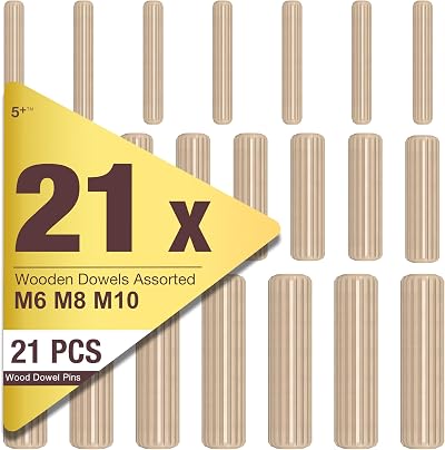 5Plus 21 Pcs Assorted Wooden Dowels M6 M8 M10 Grooved Fluted Pins Furniture