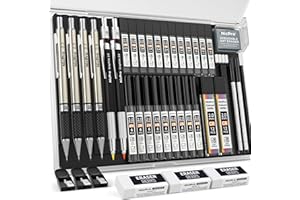 Nicpro 37PCS Art Mechanical Pencil Set, 4 PCS Metal Drafting Pencil 0.3mm & 0.5 mm & 0.7 mm & 0.9 mm & 2 PCS 2mm Lead Holder 