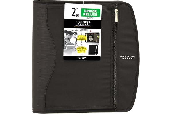 Five Star Zipper Binder, 2-Inch Capacity, 3 D-Rings, Exterior Zippered Pockets, Interior Mesh Pouch, Easy Grip Spine, Black C