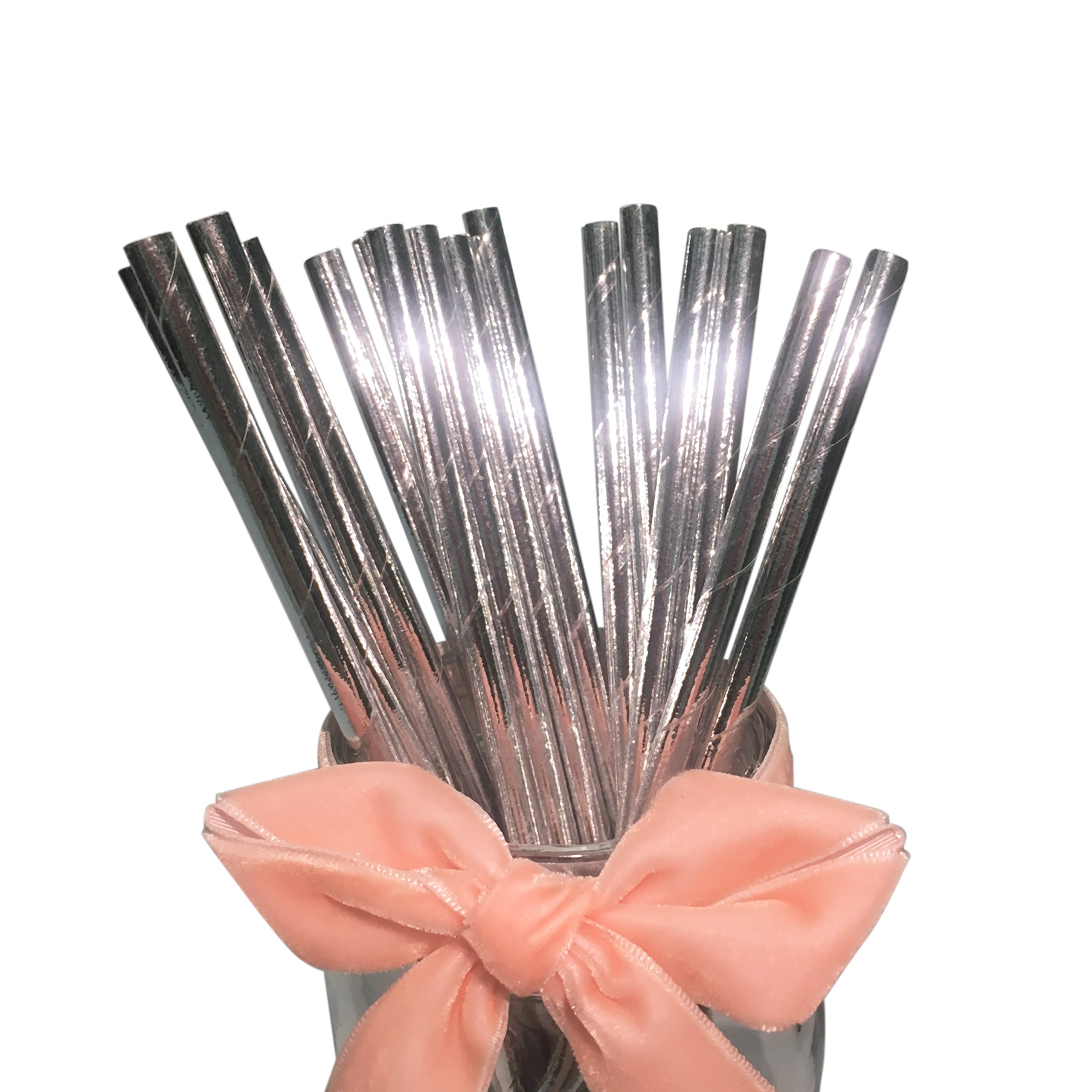 Glitter Metal Silver Paper Straws, Pack of 100 Biodegradable Disco Solid Silver Drinking Straws for Party Birthday Wedding Decorations