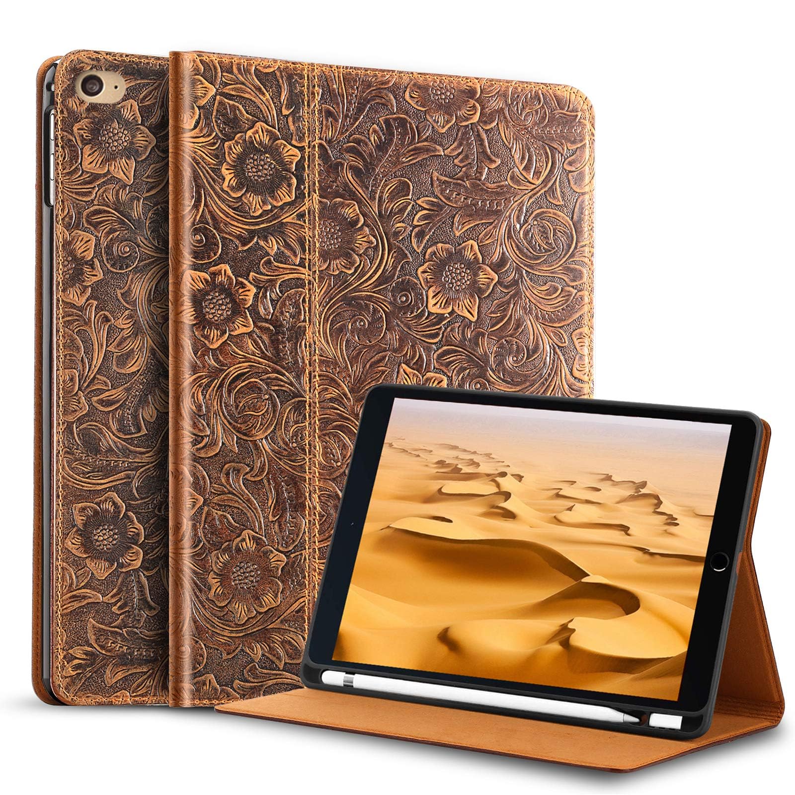 Gexmil for iPad Mini 7.9 Inch Case 2012/2013（5th/4th Generation） with Pencil Holder,Auto Wake/Sleep,Genuine Leather Case with Stand,Flower Brown