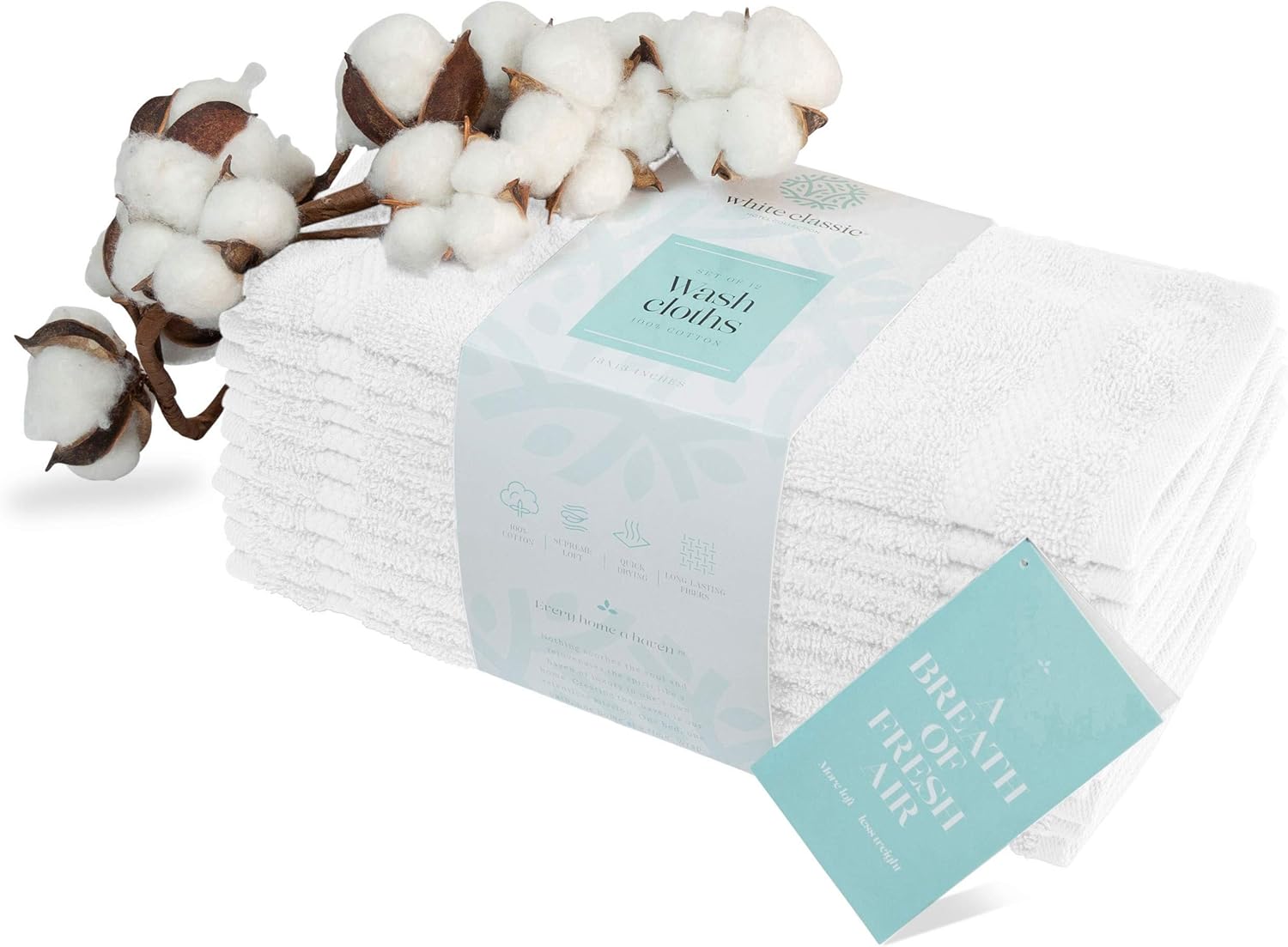 WhiteClassic Luxury Cotton Washcloths - Large Hotel Spa Bathroom Face Towel | 12 Pack | White: Home & Kitchen