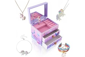 ZOOWING Unicorn/Princess Wooden Musical Jewelry Storage Box for Kids with Drawers and Big Mirror with addtional 4 unicorn gif