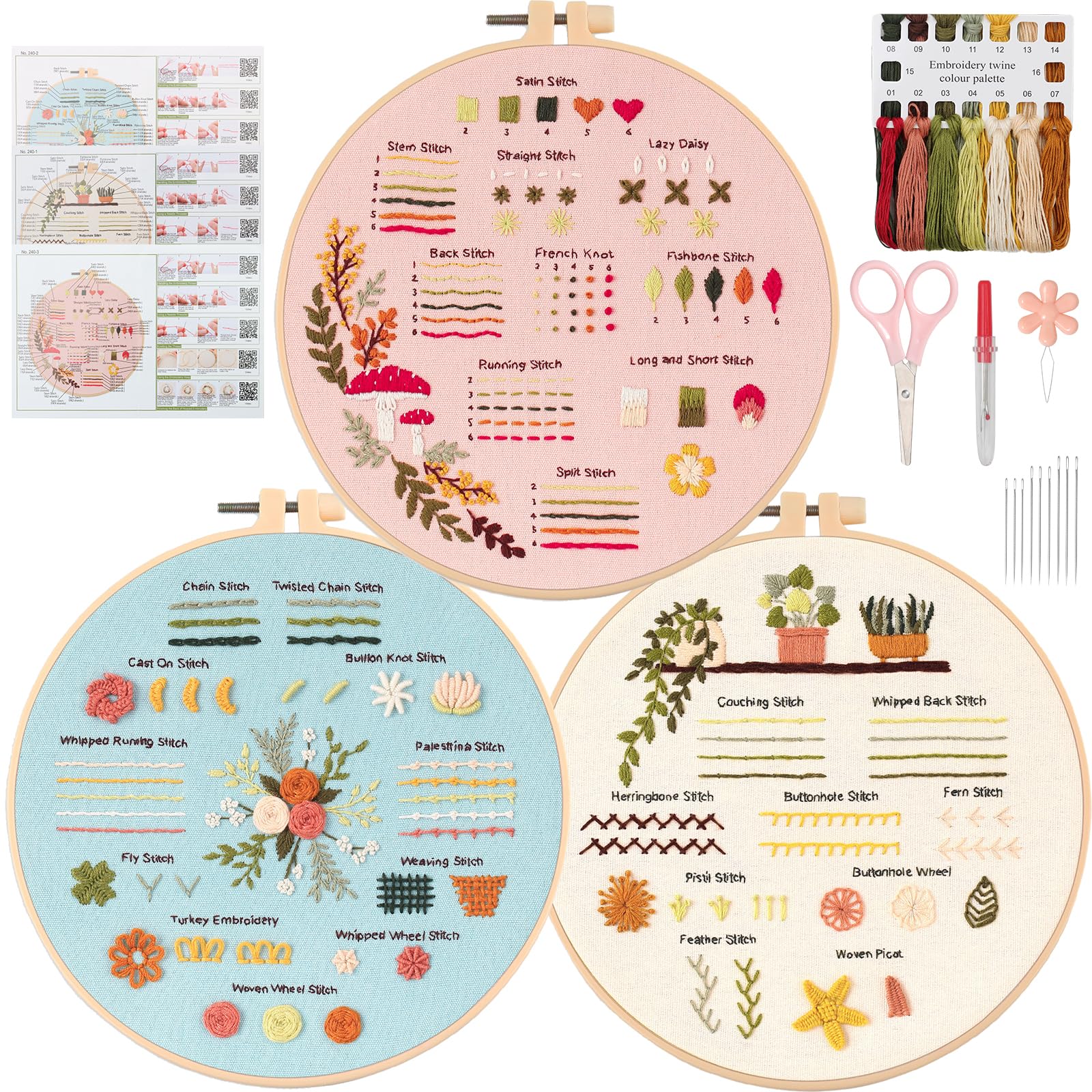 UXORSN 3 Sets Embroidery Kit for Beginners Adults Cross Stitch Starter Kits Learn 30 Different Stitches Practice Kit Fabric Craft with Flower Stamped Pattern Threads Needles Hoop Video Tutorials