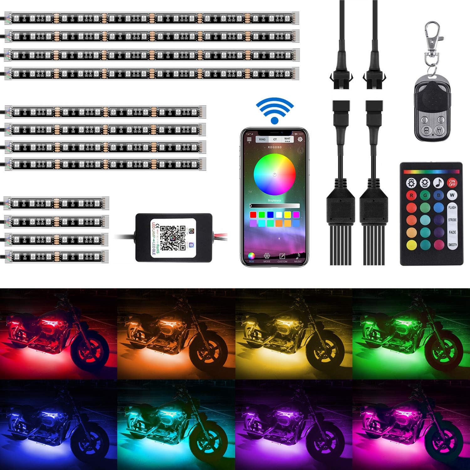 AMBOTHER 12Pcs Motorcycle LED Light Kit Strips APP/IR/RF Wireless Underglow Neon Lights Atmosphere Lamp with Remote Controller for Harley Davidson Kawasaki Suzuki, 2 Years Warranty
