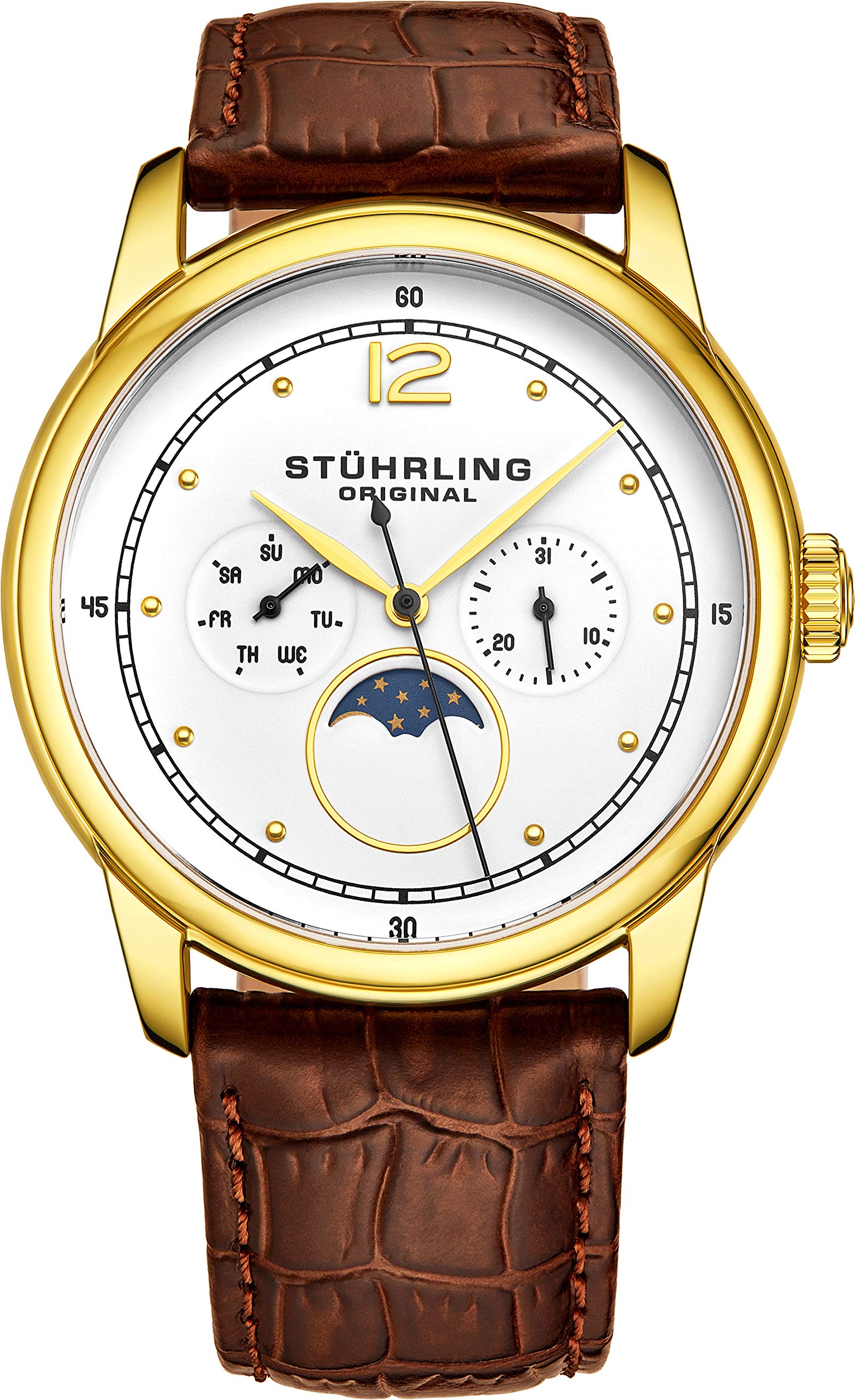 Stuhrling Original Mens MoonPhase Dress Watch - Stainless Steel Case and Leather Band - Analog Dial with Day of The Week and Date Celestia Mens Watches Collection (Gold)