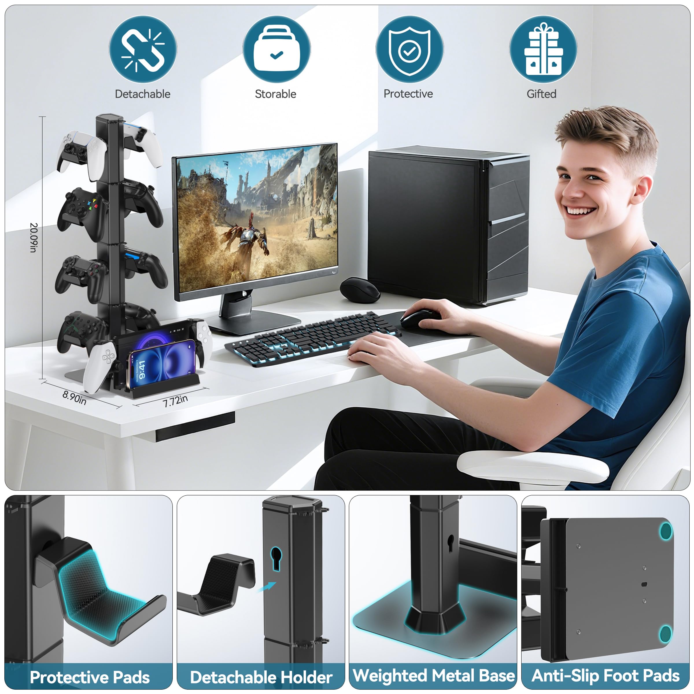 Gaming Deko Headset Halterung & Controller Halter, 4 Ebene Kopfhörer Halter mit Abnehmbarer Haken und Kabel Organisator für Fernbedienungen, Controller Ständer Aufbewahrung für PS5/Xbox/Switch 4
