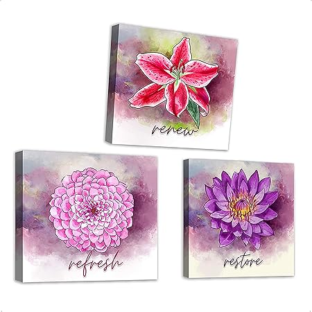 Amazon 花柄キャンバス壁アート ユリ菊蓮の花 満開の花 3ピース ホームデコレーション アートワーク 絵 イラストプリント 12x12インチ リビングルーム ベッドルーム オフィス キッチン ダイニング バスルーム デコレーション ウォールステッカー オンライン通販