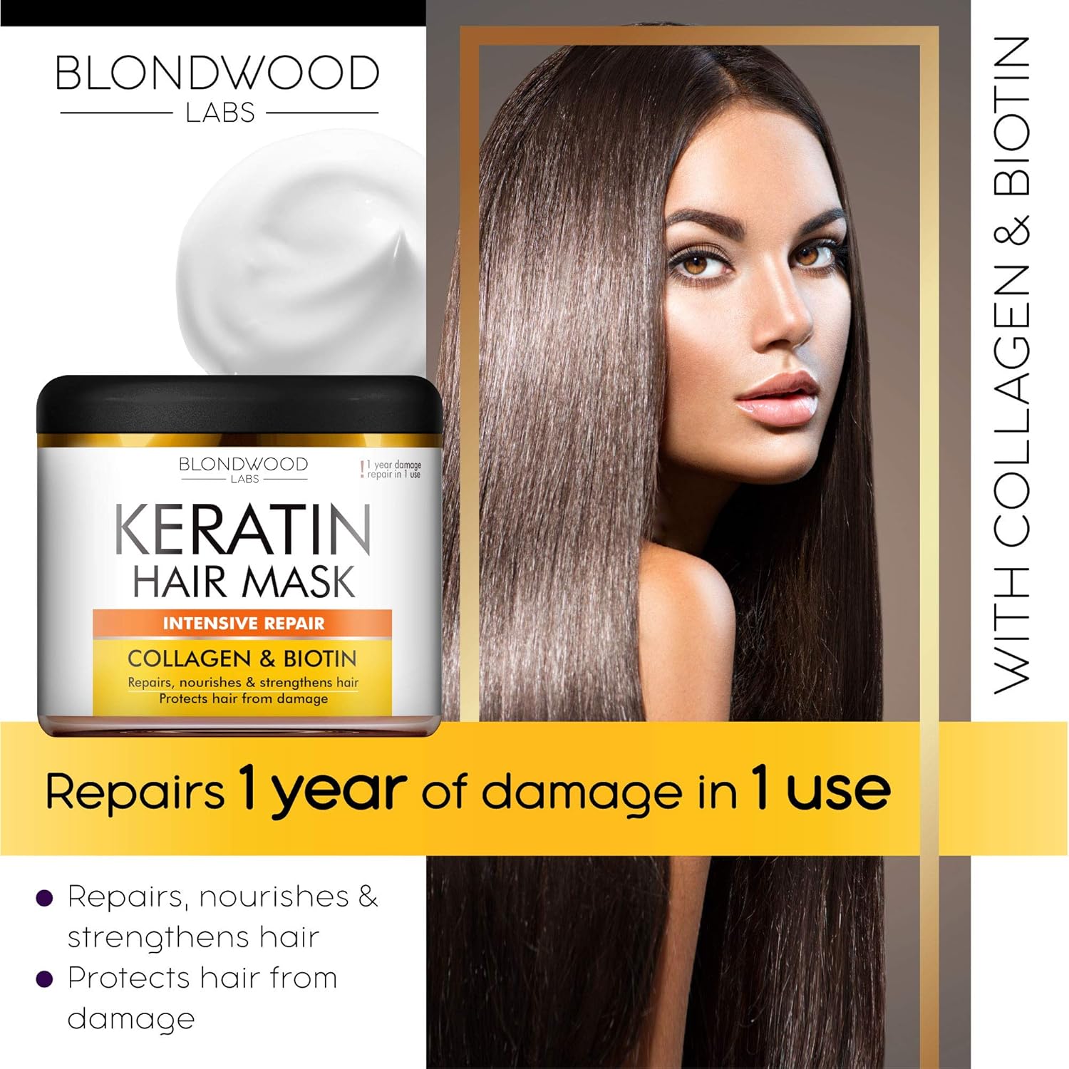 Keratin Hair Mask - Made in USA - Best Natural Biotin Keratin Collagen Treatment for Dry & Damaged Hair - Professional Collagen Hair Vitamin Complex for Hair Repair, Nourishment & Beauty - 8 oz: Beauty