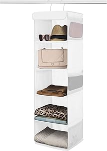 Zober 5-Shelf Hanging Closet Organizer - 6 Side Mesh Pockets Breathable Polypropylene Hanging Shelves - for Clothes Storage and Accessories, 12" x 11 ½ " x 42" (White)