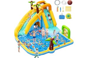 GYMMALL Inflatable Water Slide Bounce House with 450 W Blower, Blow up 10-in-1 Waterslide Park Bouncy Castle for Kids 3-10 Outdoor and Indoor, Bouncer House with Splash Pool, Sprinklers and Long Slide