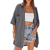 Dokotoo Womens Waffle Knit Tops Casual 3/4 Bell Sleeve Button Down Shirts Lapel V Neck Dressy Blouses with Pocket