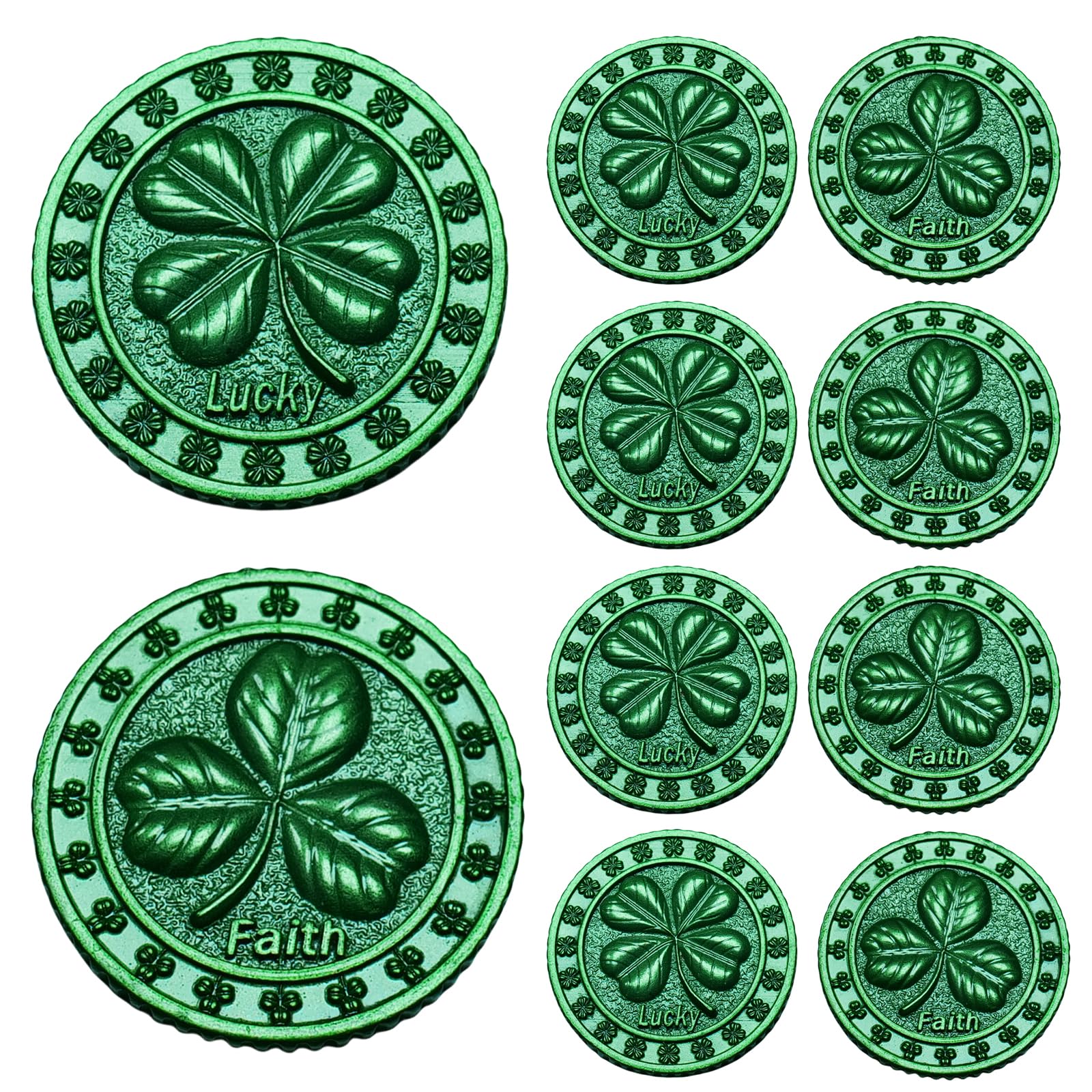 aiviwiai 10 Pcs Green Four Leaf Clover Coins Bulk - St. Patrick's Day Party Favors, Irish Shamrock Lucky Tokens, Poker Card Guards, Casino Night Game Prizes
