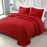 Exclusivo Mezcla Ultrasonic Full Queen Quilt Bedding Set, Lightweight Red Bedspreads Soft Modern Geometric Coverlet Set for All Seasons (1 Quilt and 2 Pillow Shams)
