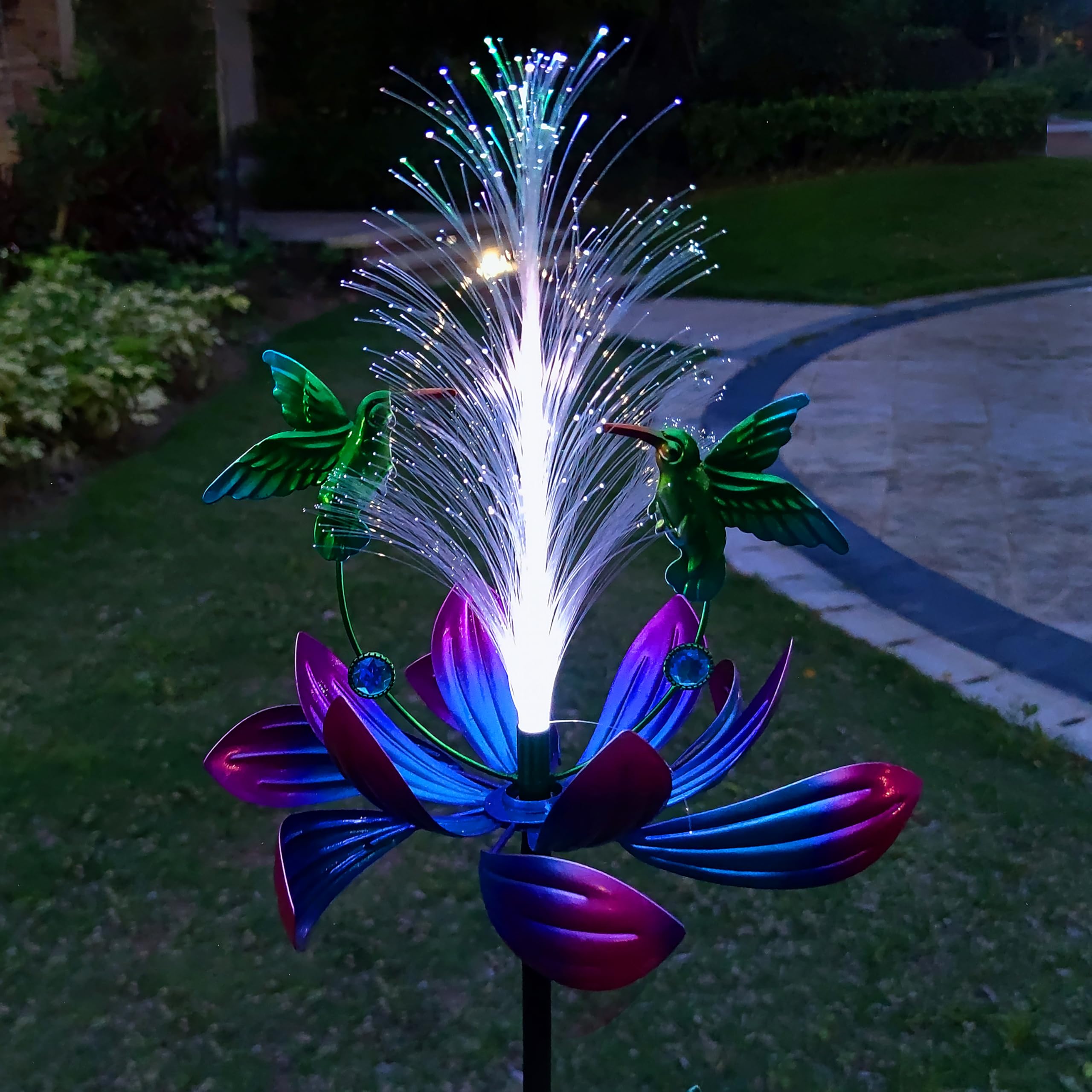 Photo 1 of Solar Hummingbird Wind Spinners, Solar Firework Lights Garden Décor, Metal Lotus Flower Windmill Colour Changing Optical Fiber Lights Yard Decoration, Outdoor Wind Sculpture for Lawn Patio,Balcony