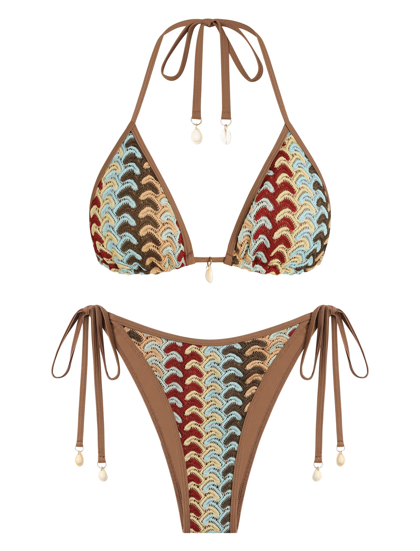 Photo 1 of ZAFUL Women's Colorblock Stripes Triangle Halter Tied Cheeky Thong Bikini Set High Cut Two Piece Bathing Suit (2-Coffee w, M)