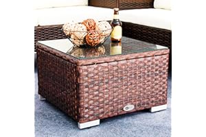 DIMAR GARDEN Outdoor Coffee Table Wicker Patio Side Table with Glass Top,19.7in Mixed Brown