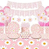 KEFAN Pink Daisy Birthday Party Decorations, Daisy Theme Party Tableware Supplies including HAPPY BIRTHDAY Banner, Plates, Cups, Napkins, Tablecloth, Balloons for Girls Birthday Party, Serves 20