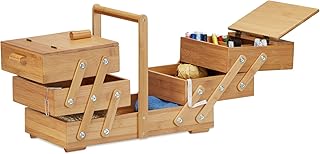 Relaxdays Nähkästchen Bambus XXL, viele Fächer, Nähkasten aufklappbar, Nähkorb ohne Inhalt, HBT 30 x 44 x 22 cm, natur
