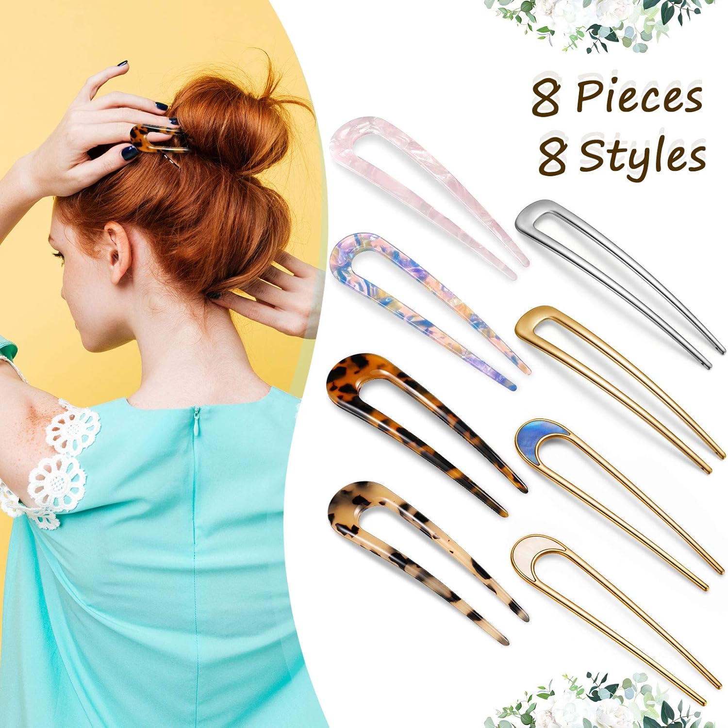 8 Pieces U-Shaped Hairpin with 2 Prongs Vintage Hair Pin Fork Sticks Tortoise Shell U Shape Hair Clips Bun Hair Pins Clips for Women Hair Styling Accessories (Light Purple, Blue Purple Tortoise Shell) : Beauty