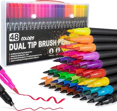 AKARUED Dual Tip Brush Pens 48 Colors Fineliner Brush Markers Set